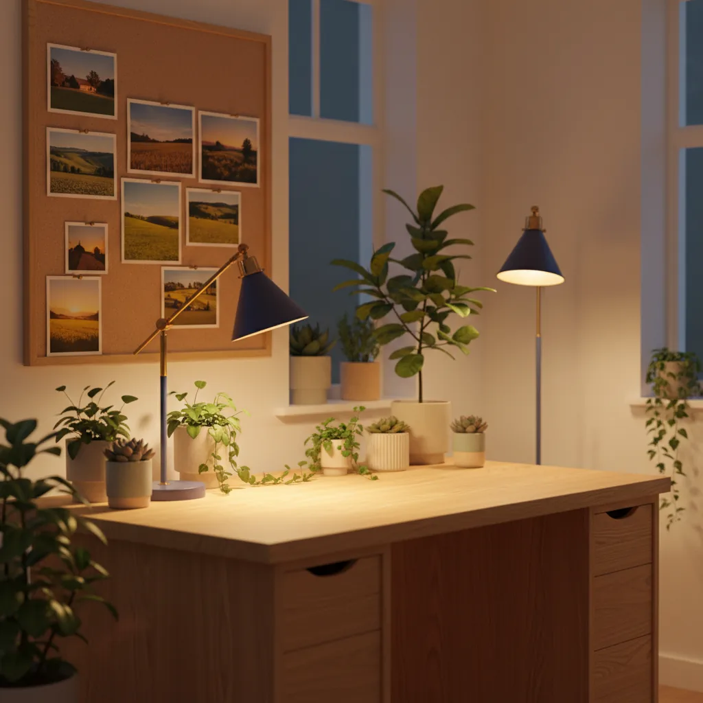 Warmly lit editorial office with a wooden desk, potted plants and countryside photographs pinned to a cork board in soft evening light