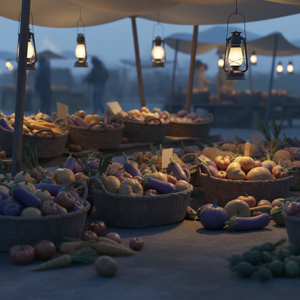 Rows of heirloom vegetable baskets at an early morning farmers' market stall in an English market town