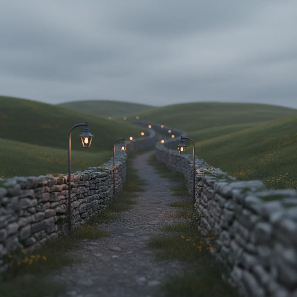 Stone wall lane cutting through rolling green hills in the English countryside on an overcast afternoon