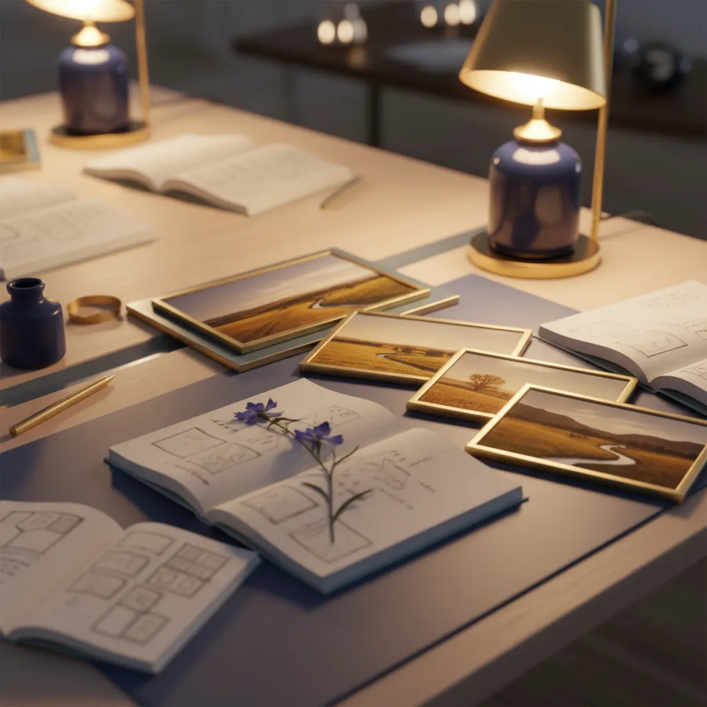 Warm editorial workspace with notebooks, a pressed wildflower and countryside photographs spread across a wooden desk