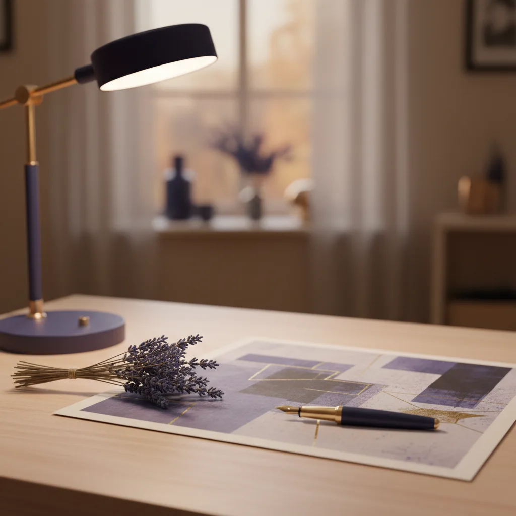 Clean wooden desk with a printed editorial layout, a pen and a small bunch of dried lavender in warm indoor light