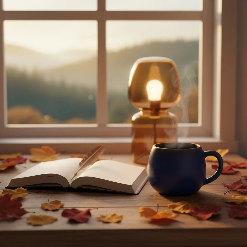 A personal column illustration: cosy countryside morning with steaming mug beside an open journal and autumn leaves