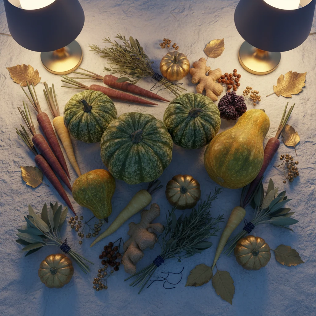 Rustic flat-lay of seasonal autumn produce including squash, root vegetables and dried herbs arranged on a stone surface