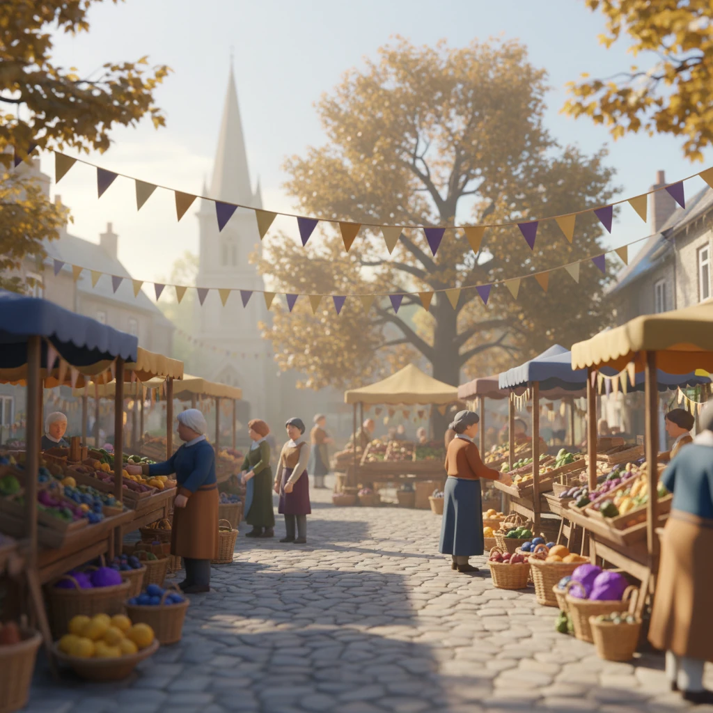 Wide view of a village market square in the English countryside with bunting and produce stalls on a bright late-summer morning