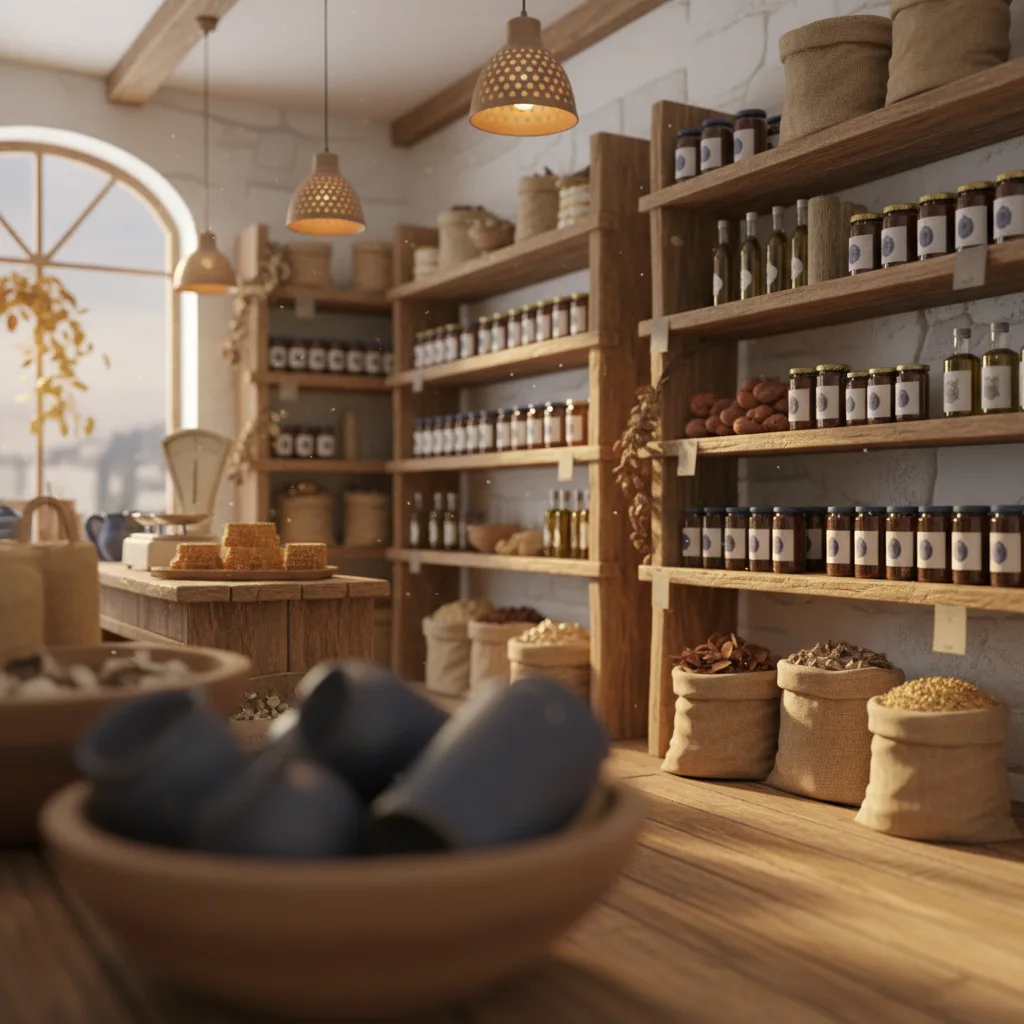 Rustic wooden shelving in a countryside farm shop stacked with artisan preserves and dried goods in warm amber light